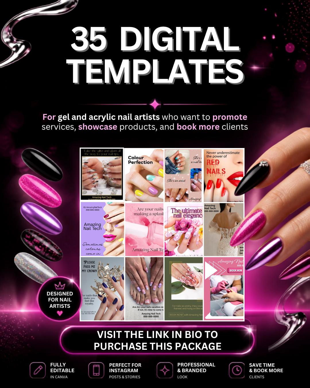 35 Editable Nail Technician Social Media Templates - Canva Templates for Nail Techs - Instagram Marketing Bundle