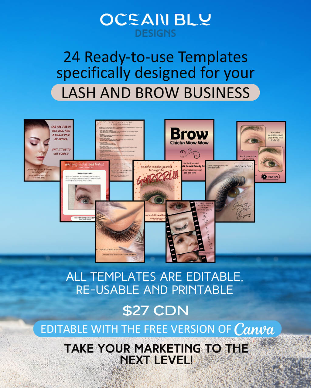 24 Lash Extension & Brow Marketing Templates | Editable in the Free Version of Canva