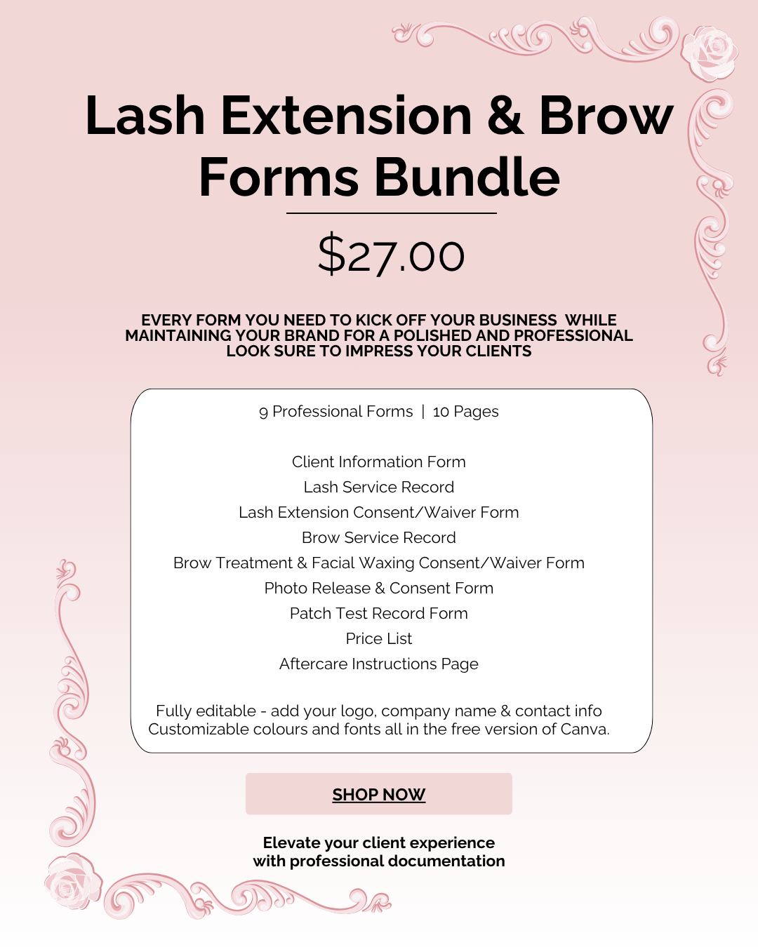 Professional Lash & Brow Business Forms Bundle | Editable in the free version of Canva